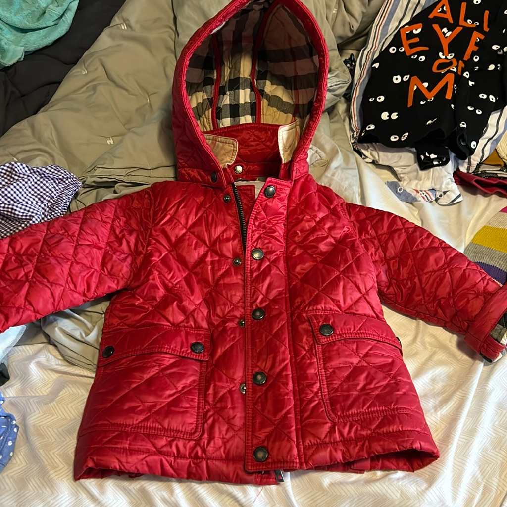 Red Quilted Burberry Jacket With Removable Hood - 2y